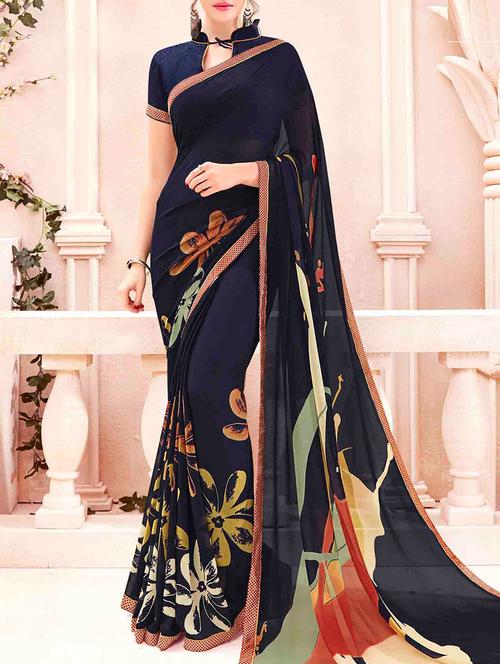 deep blue floral printed saree with blouse - 13555151 - Very Small Image - 1