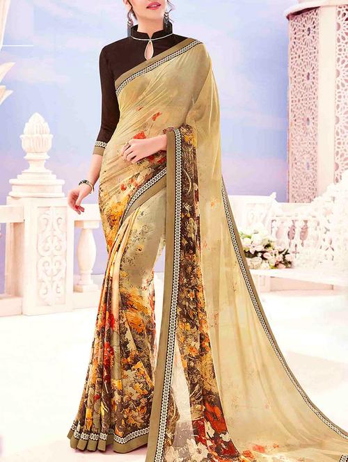 beige floral printed saree with blouse - 13555152 - Very Small Image - 1