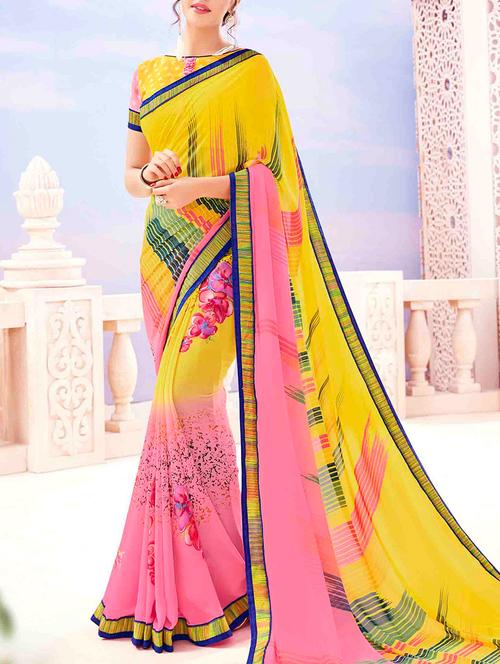 yellow and pink printed saree with blouse - 13555156 - Very Small Image - 1