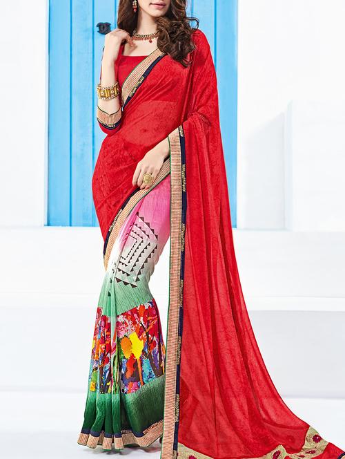 red georgette printed saree with blouse - 13555169 - Very Small Image - 1