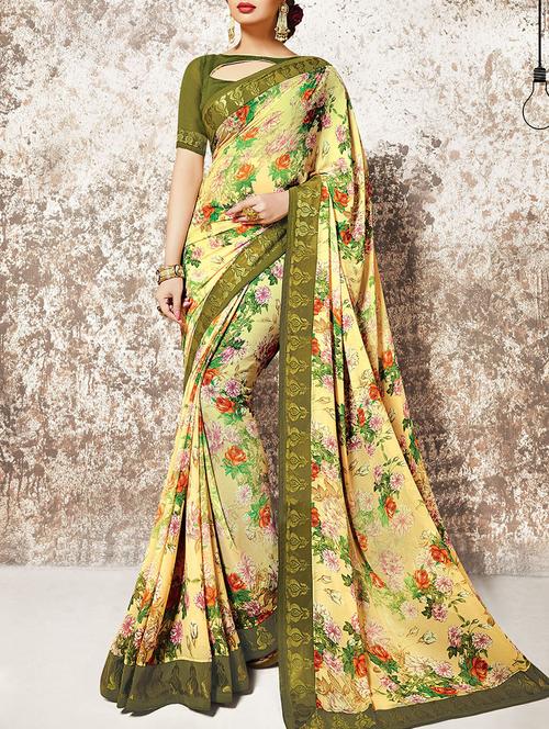 yellow georgette bordered saree with blouse - 13555198 - Very Small Image - 1