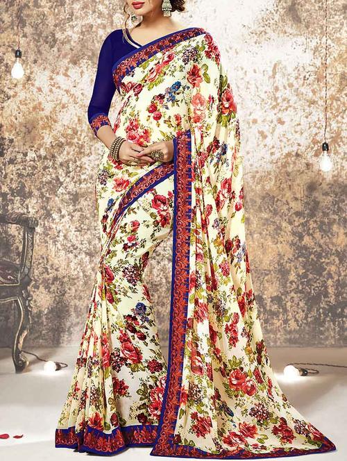 yellow georgette printed saree with blouse - 13555202 - Very Small Image - 1