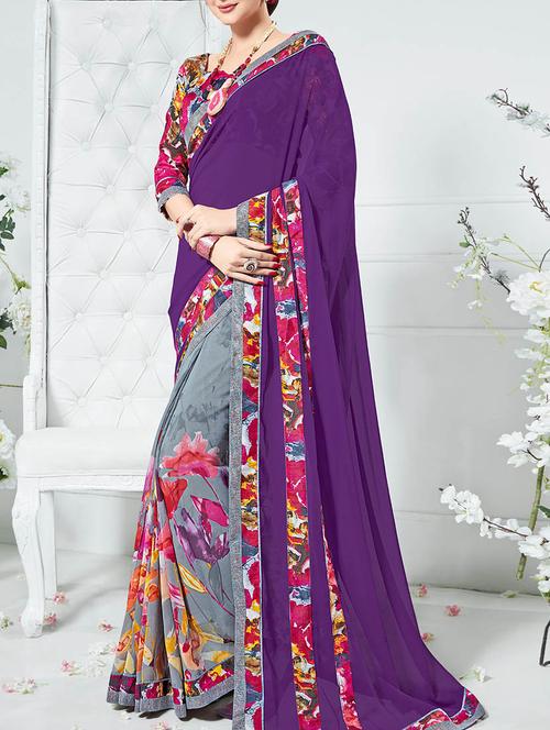 purple georgette printed saree with blouse - 13555208 - Very Small Image - 1