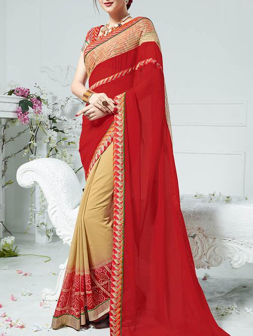 red and beige half and half saree saree with blouse - 13555210 - Very Small Image - 1