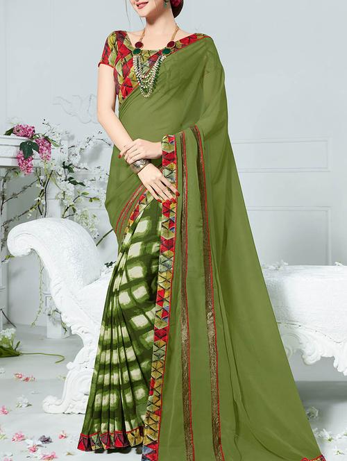mehendi colored printed saree with blouse - 13555211 - Very Small Image - 1