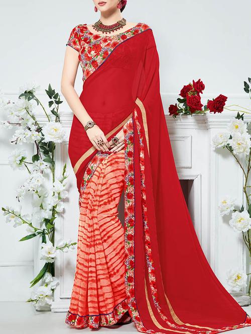 red georgette printed saree with blouse - 13555213 - Very Small Image - 1
