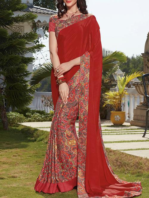 red crepe printed saree with blouse - 13555225 - Very Small Image - 1