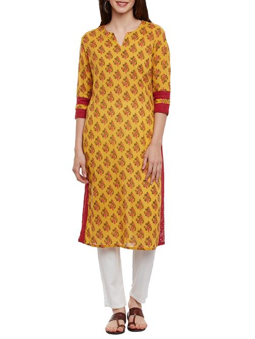 mustard cotton printed straight kurta - 13556777 - Very Small Image - 1