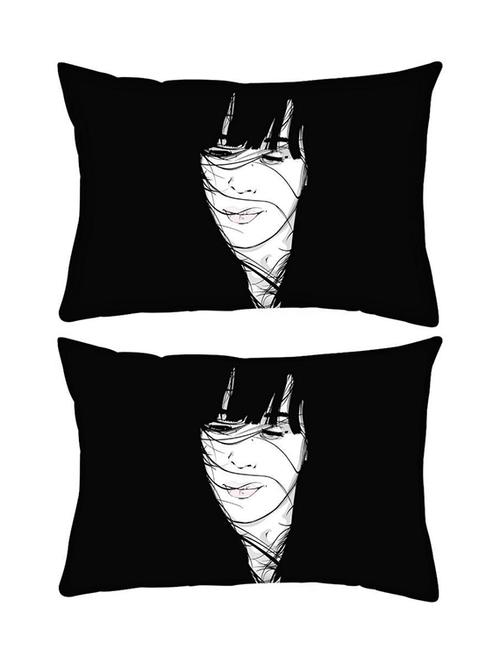 snoogg pack of two girl hair blown by the wind black rectangle toss throw pillow cushion cover decoarative pillow case 14 x 07" - 13573800 - Very Small Image - 1