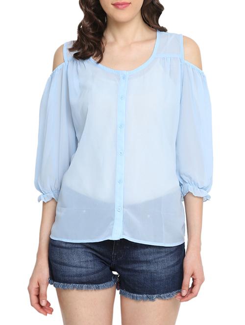 light blue georgette cold shoulder shirt - 13601689 - Very Small Image - 1