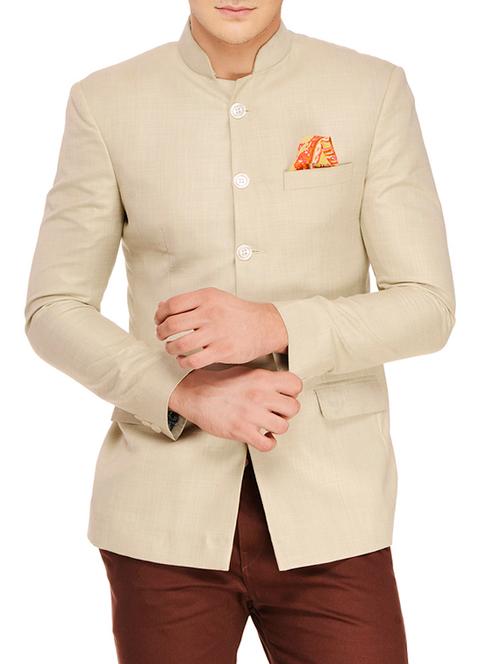 solid beige polyester nehru jacket - 13648841 - Very Small Image - 1