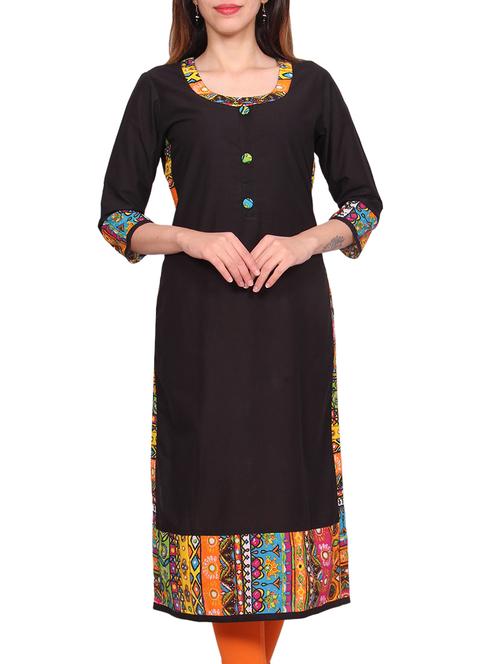 black cotton printed straight kurta - 13652343 - Very Small Image - 1