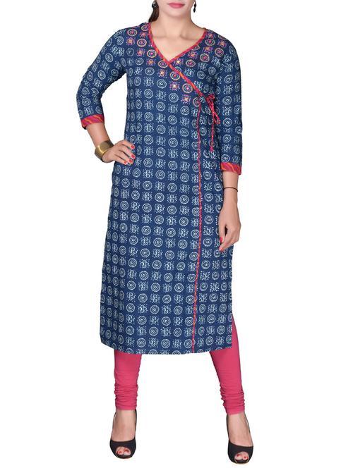 blue cotton block printed angrakha kurta - 13652357 - Very Small Image - 1