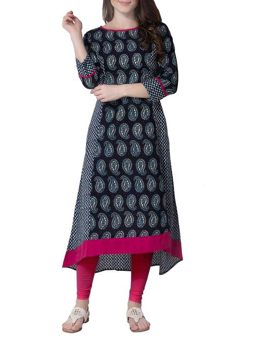 black and white cotton printed high low kurta - 13652366 - Very Small Image - 1