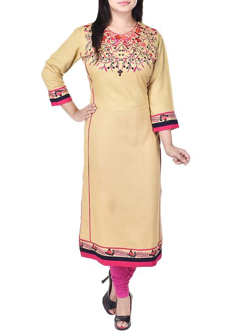 beige rayon embroidered straight kurta - 13652383 - Very Small Image - 1