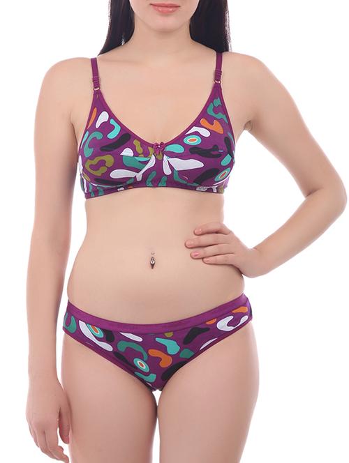 purple printed cotton bra and panty set - 13656763 - Very Small Image - 1
