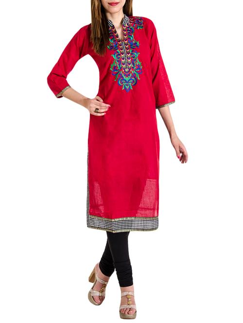 red khadi straight kurta - 13660874 - Very Small Image - 1