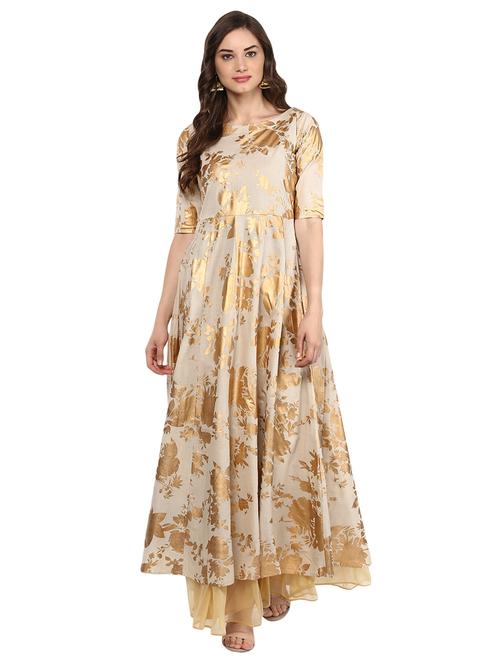 beige and gold cotton printed anarkali kurta - 13664755 - Very Small Image - 1