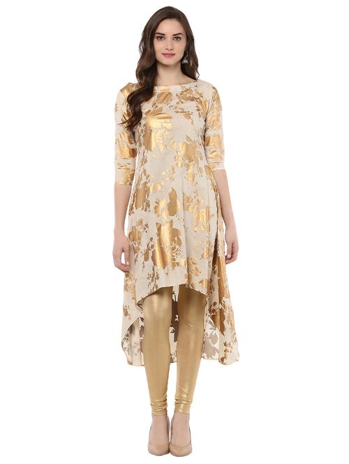 beige cotton printed high-low kurta - 13664894 - Very Small Image - 1