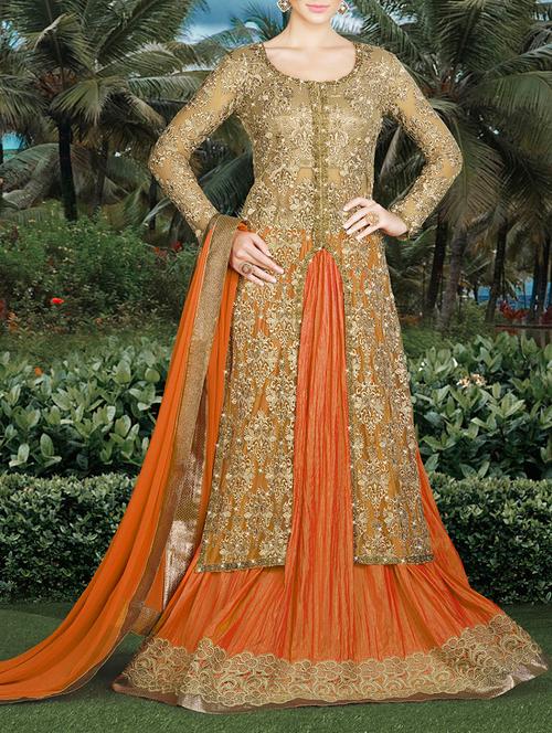 orange net embroidered dress material - 13665465 - Very Small Image - 1
