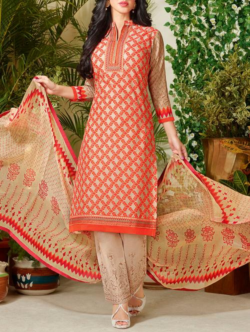 orange cotton printed dress material - 13665612 - Very Small Image - 1