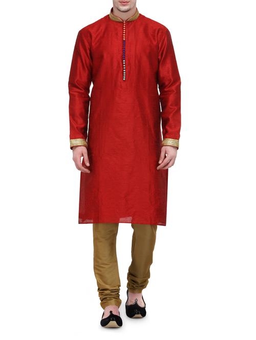 red silk blend kurta pyjama set - 13665668 - Very Small Image - 1