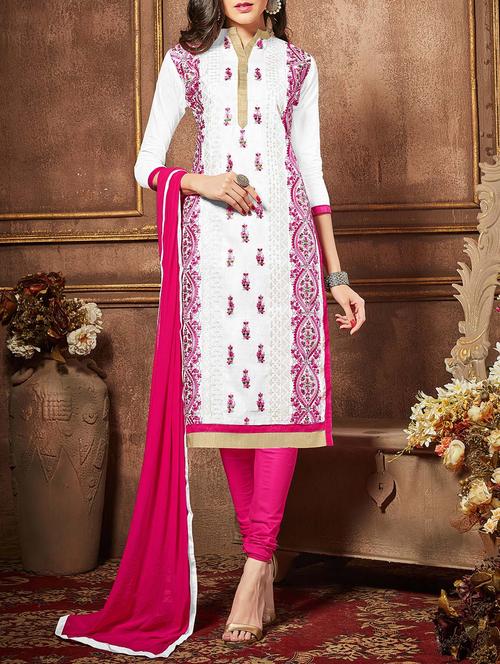 white cotton embroidered churidaar suit dress material - 13667442 - Very Small Image - 1