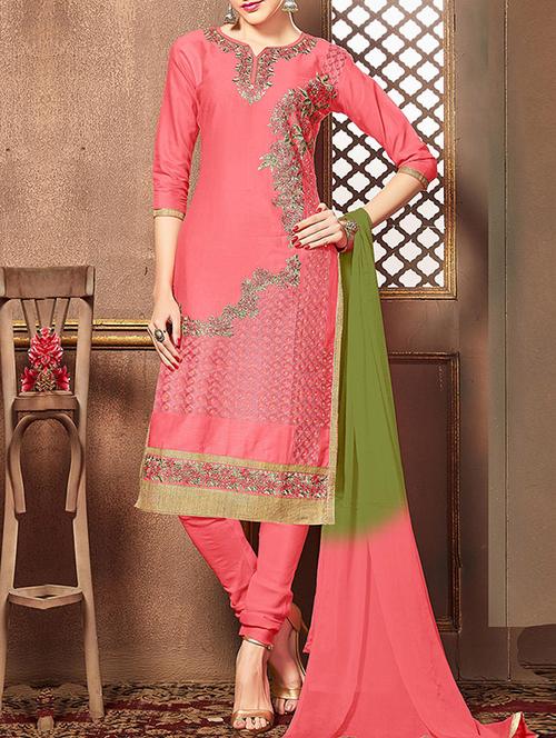red cotton embroidered churidaar suit dress material - 13667448 - Very Small Image - 1