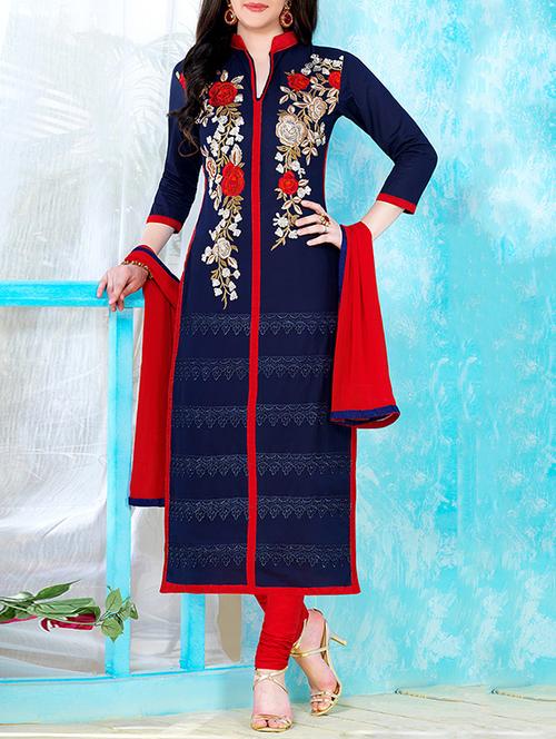 blue cotton unstitched suit - 13668130 - Very Small Image - 1