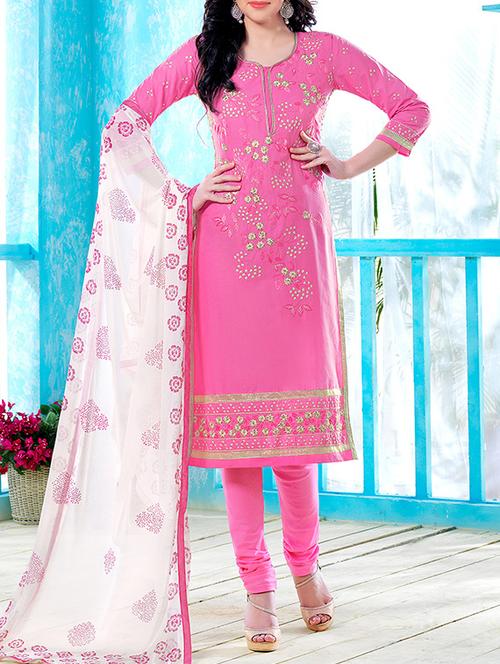 pink cotton unstitched suit - 13668133 - Very Small Image - 1