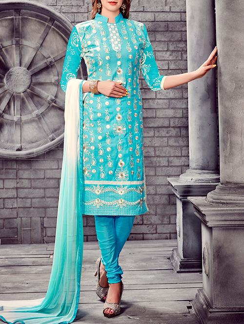 turquoise cotton unstitched suit - 13668146 - Very Small Image - 1