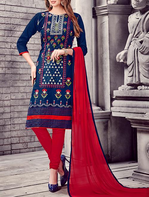 blue cotton unstitched suit - 13668147 - Very Small Image - 1
