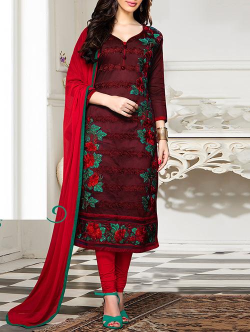 maroon cotton unstitched suit - 13668155 - Very Small Image - 1