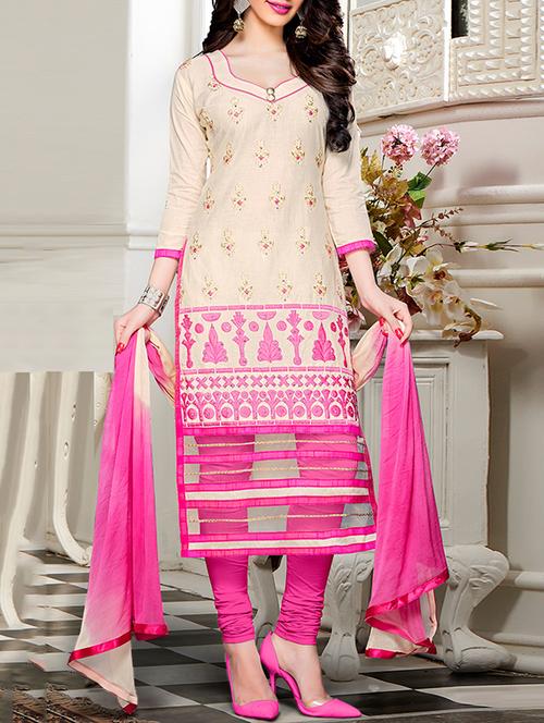 beige cotton unstitched suit - 13668159 - Very Small Image - 1