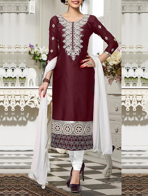 maroon cotton unstitched suit - 13668161 - Very Small Image - 1
