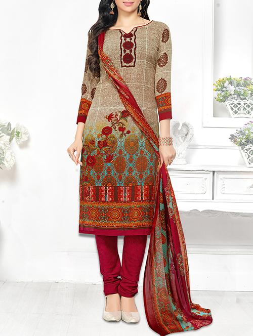 beige cotton unstitched suit - 13668241 - Very Small Image - 1