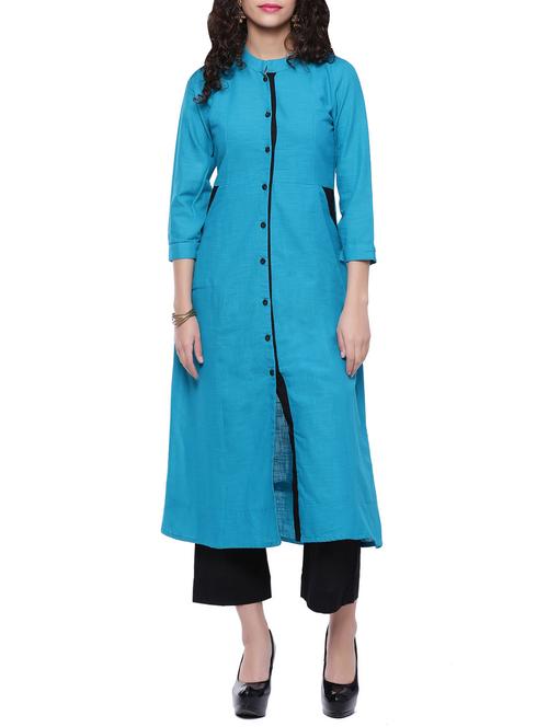 turquoise cotton solid long kurta - 13669010 - Very Small Image - 1