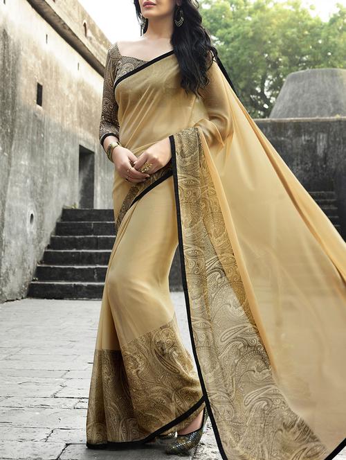 beige georgette printed saree with blouse - 13669864 - Very Small Image - 1