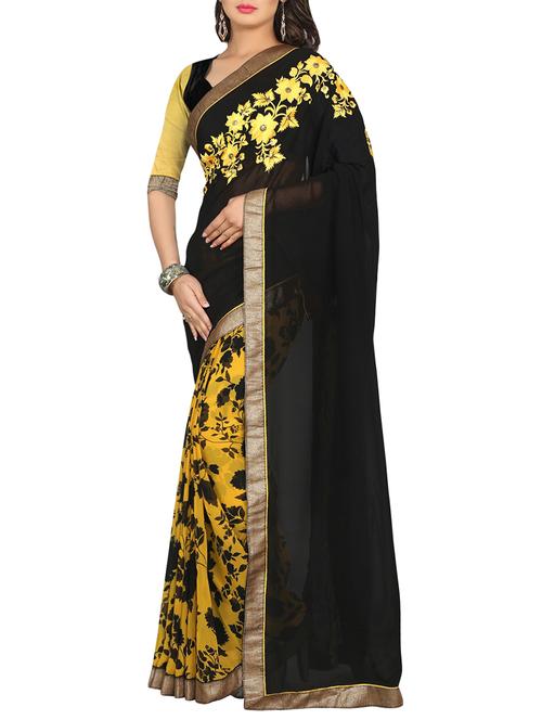 black & yellow georgette embroidered half and half saree with blouse - 13669894 - Very Small Image - 1