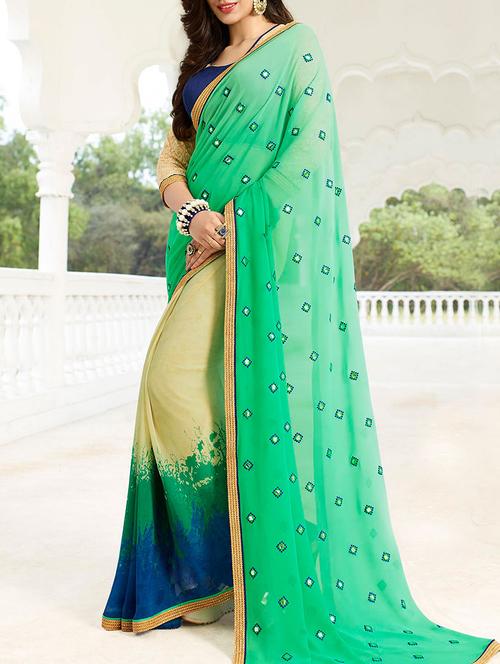 skyblue & beige georgette printed half and half saree with blouse - 13669896 - Very Small Image - 1