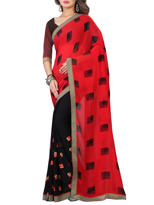 red & black georgette printed half and half saree with blouse - 13669897 - Very Small Image - 1