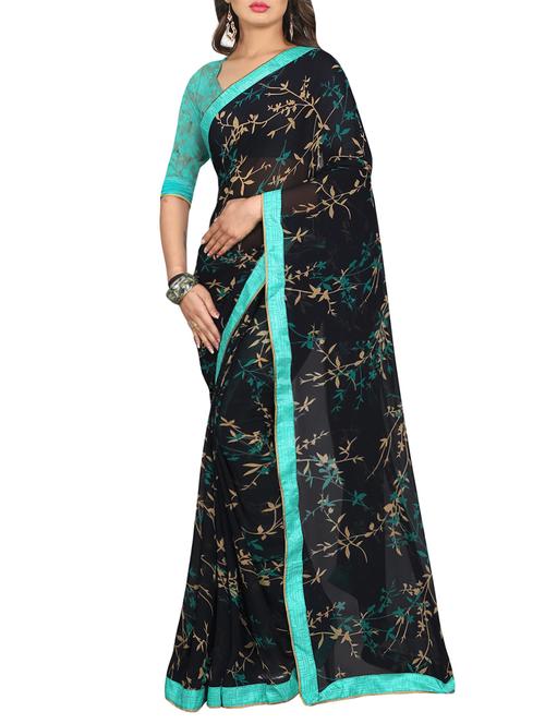 black georgette printed saree with blouse - 13669912 - Very Small Image - 1