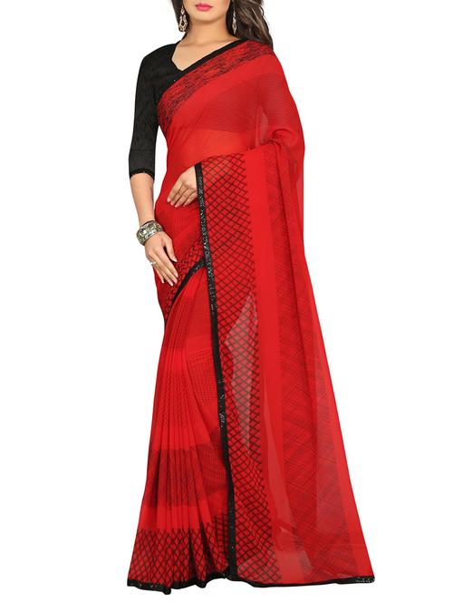red georgette printed saree with blouse - 13669941 - Very Small Image - 1