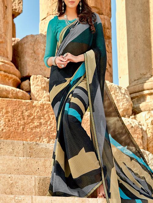 black georgette printed saree with blouse - 13669942 - Very Small Image - 1