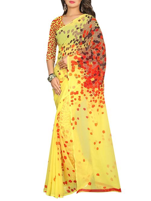 yellow georgette printed saree with blouse - 13669955 - Very Small Image - 1