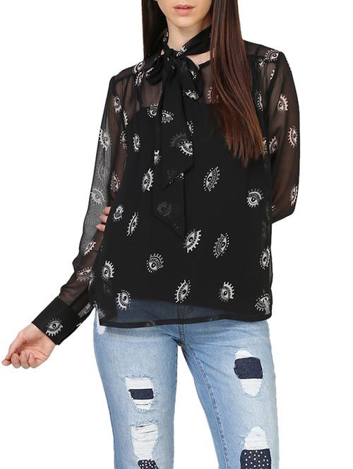 eye printed georgette pussy bow tie top - 13672328 - Very Small Image - 1