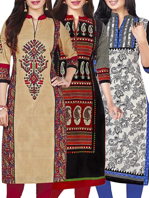 combos (set of 3 ) multi colored cotton unstitched kurta - 13673486 - Very Small Image - 1