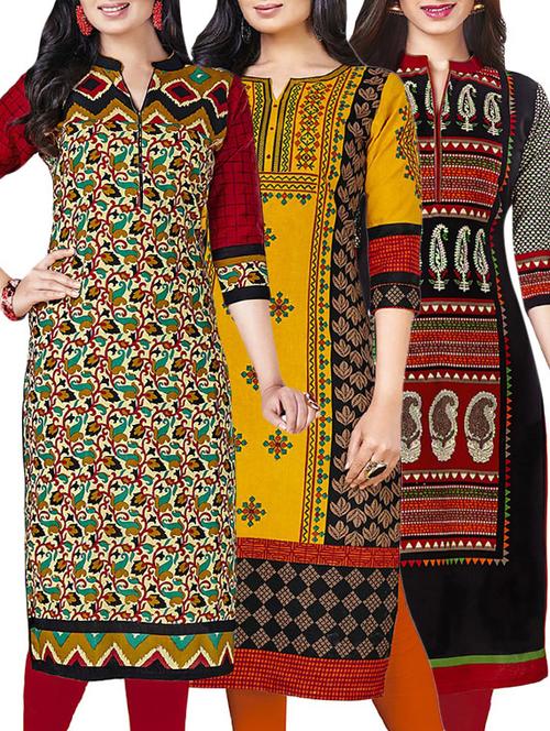 combos (set of 3 ) multi colored cotton unstitched kurta - 13673492 - Very Small Image - 1