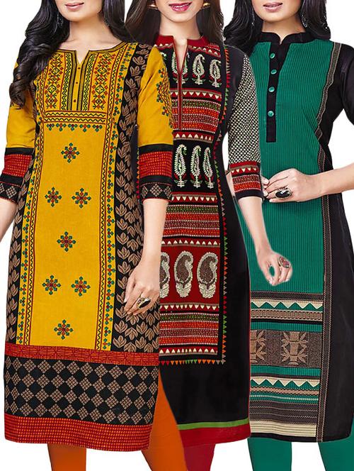 combos (set of 3 ) multi colored cotton unstitched kurta - 13673495 - Very Small Image - 1