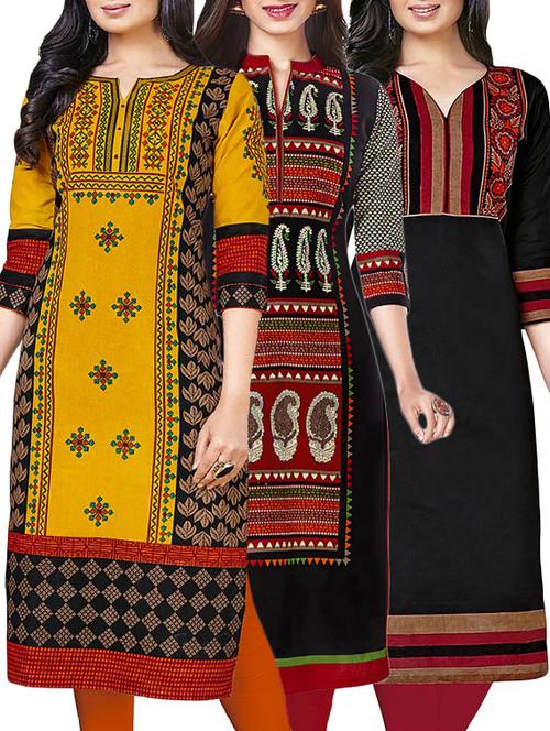combos (set of 3 ) multi colored cotton unstitched kurta - 13673500 - Very Small Image - 1
